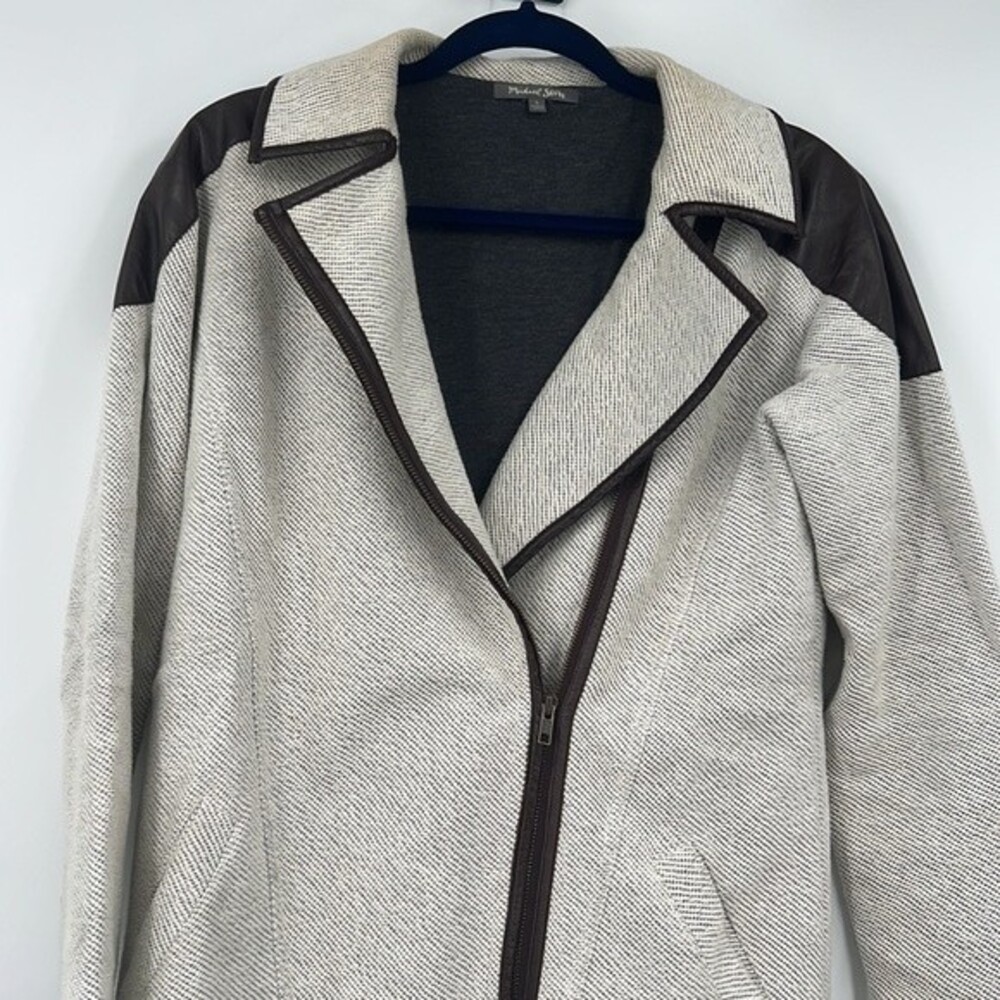 MICHAEL STARS Knit Moto Jacket Ivory Tweed w Leather Trim Zip Up Small